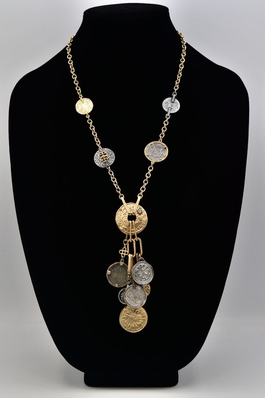 Vintage Mixed Metal Coin Charm Necklace Gold Silver Rhinestone Boho Y2K Bin6A